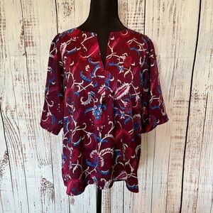 Classic Long Sleeve Burgundy Paisley V Neck Blouse